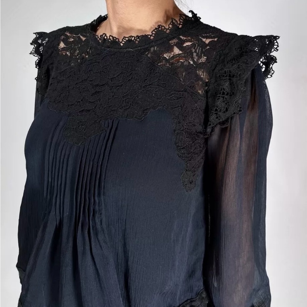 Anthro Love Sam Floral Black Lace Top & Pleated Blouse In Navy Crocheted S Small - Picture 14 of 15